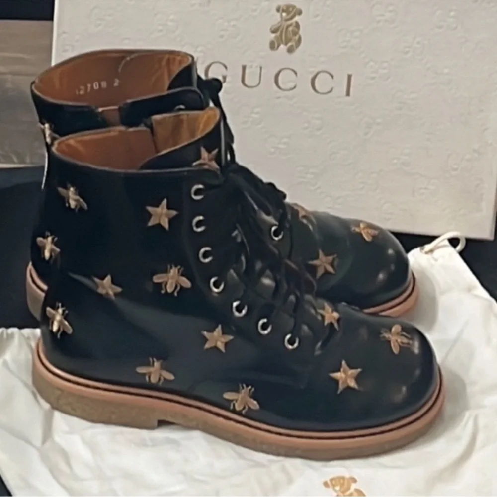 Authentic Gucci luxury designer embroidered lace up leather boots sz 12 kids